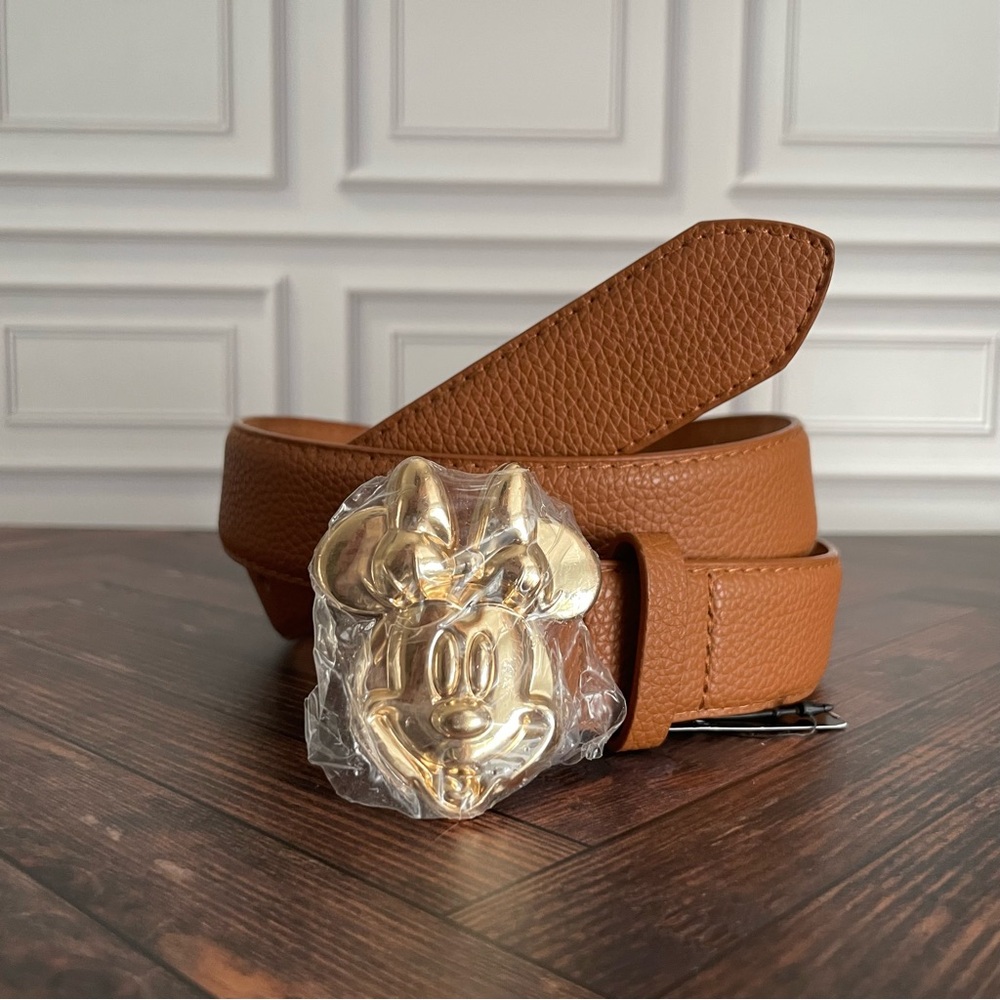 Disney Minnie Vegan Leather Belt Cognac tan‎ light brown gold metal buckle NWT